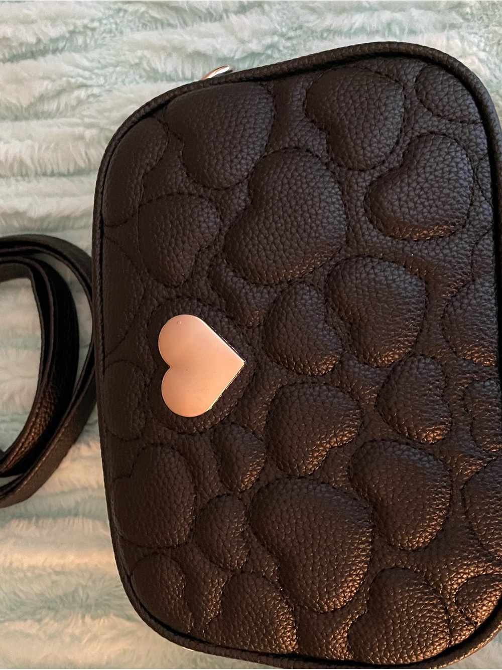 Black Quilted Crossbody Bag with Heart Accent vegan leather